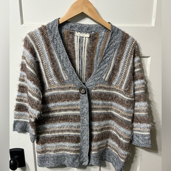 Nie + Zoe Large Khaki brown grey Cardigan Sweater Fringe Bohemian‎ - Picture 1 of 6